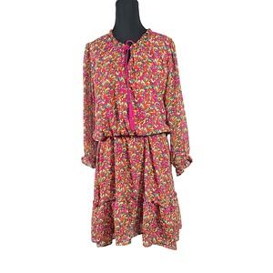 ROBERT LOUIS Women Floral Print Long Sleeve Tiered Ruffle Dress 1X Midi Round Ne